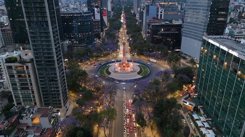 Aerial view of Paseo de la Reforma avenue lined with jacaranda trees and skyscrapers in Mexico City