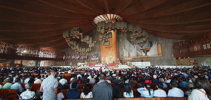 Modern circular interior of the new Basilica de Guadalupe in Mexico City