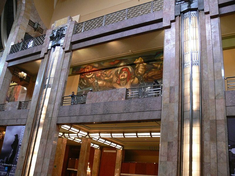 Famous murals by Mexican artists displayed on the upper floors of the Palacio de Bellas Artes