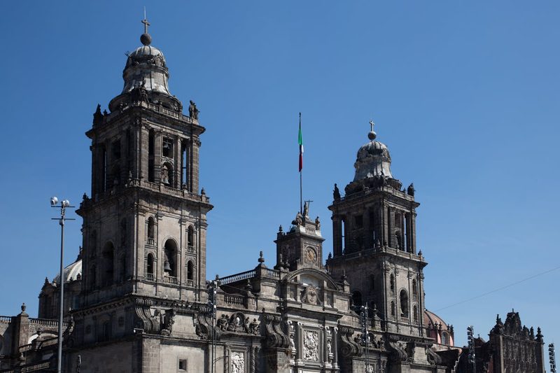 Metropolitan Cathedral of Mexico City with a clear blue sky showing the baroque facade