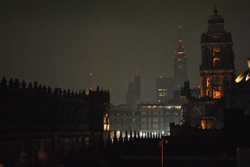 Illuminated colonial buildings of the Centro Historico at night in Mexico City