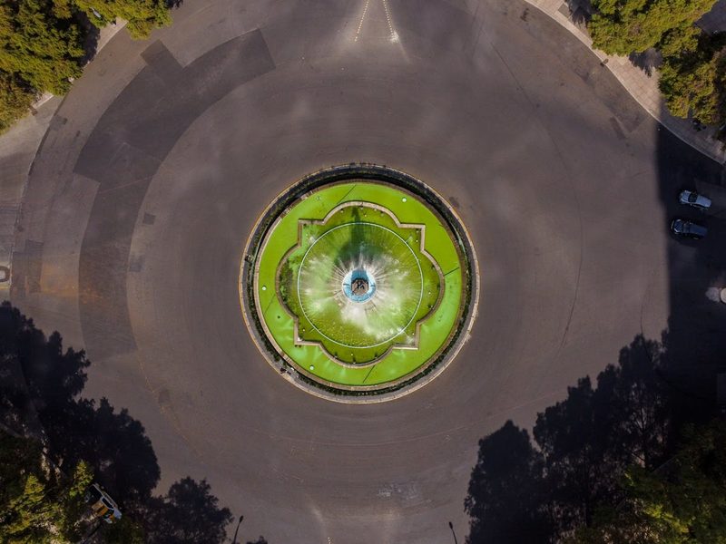 Aerial drone view of the Diana the Huntress Fountain in its roundabout on Paseo de la Reforma