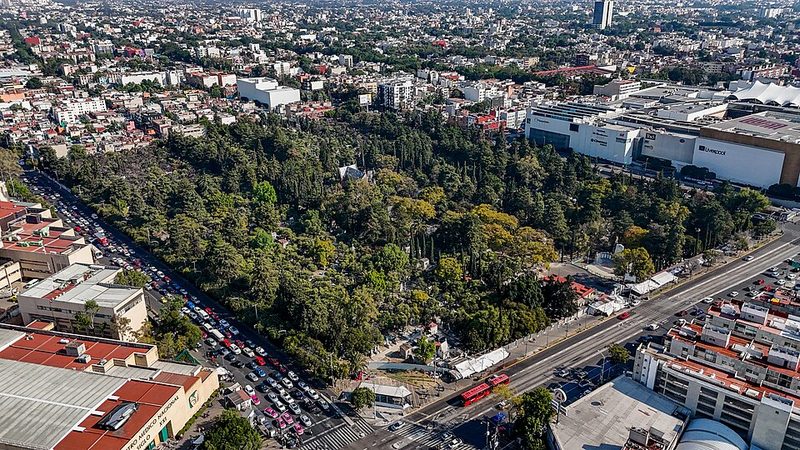 Ornate mausoleums and tombs at the Panteon Frances de la Piedad cemetery in Mexico City