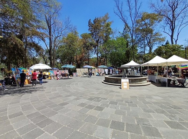 View of the historic Plaza San Jacinto in the San Angel neighborhood of Mexico City