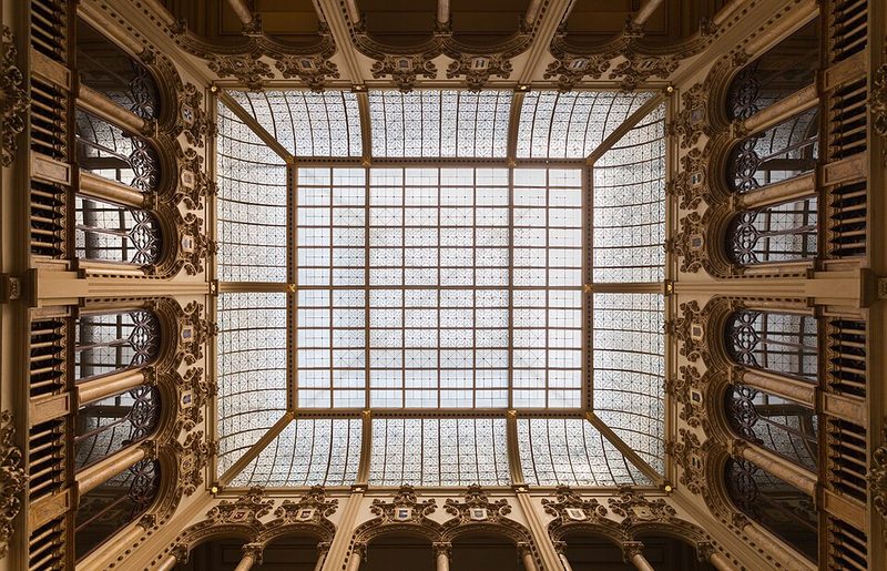 Detailed view of the ornate interior architecture and ceiling of the Palacio Postal