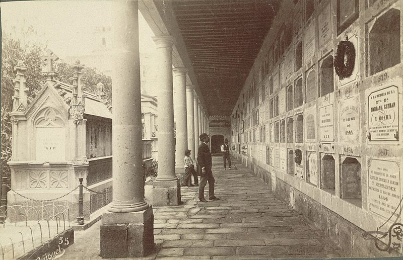 Historic gravestones and monuments at the San Fernando Pantheon cemetery in Mexico City