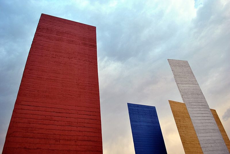 The colorful Torres de Satelite monumental sculpture towers by Barragan and Goeritz