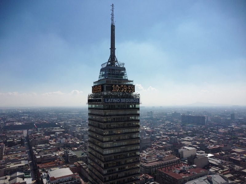 Aerial shot of the iconic Torre Latinoamericana skyscraper in downtown Mexico City