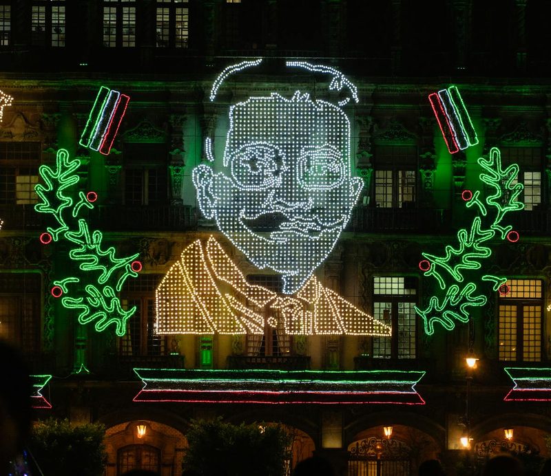 Illuminated LED display celebrating Mexico Independence Day at the Zocalo at night